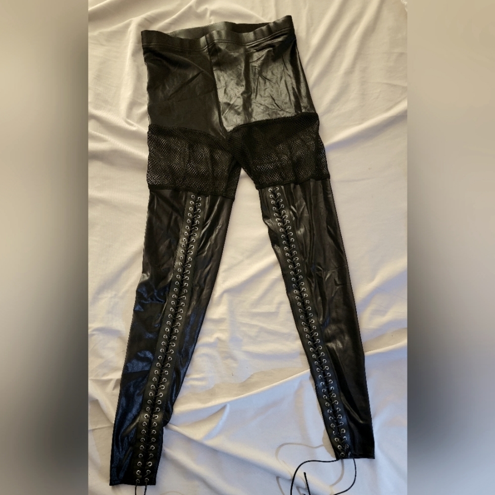 BlackMilk black lace up front mesh cut out leggings size XL